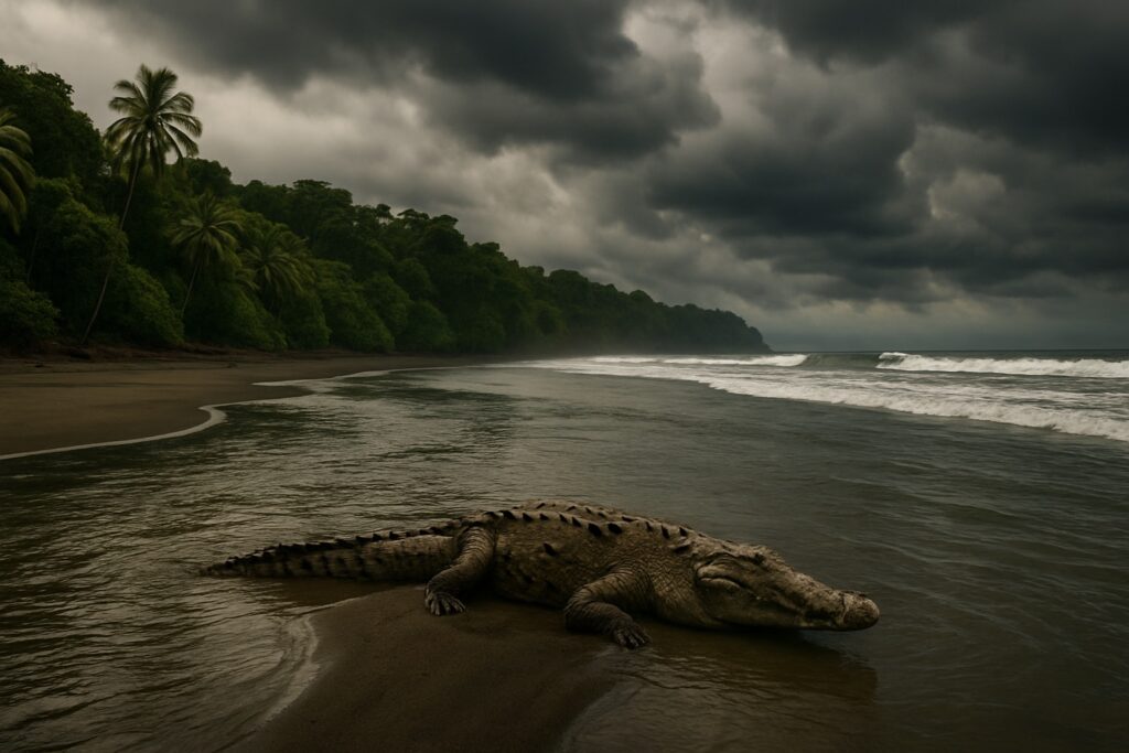 Mündung des Río Sirena mit Krokodil am Wildstrand von Corcovado