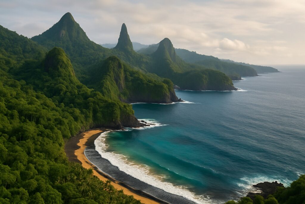 Bewaldete Vulkanküste der Insel Príncipe, wo Dschungel auf den Atlantik trifft