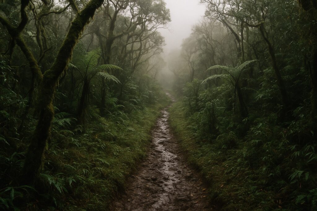 Feuchter Nebelwald-Pfad im Knuckles-Gebirge in Sri Lanka