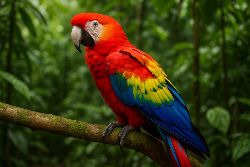 Hellroter Ara mit rot-gelb-blauem Gefieder auf einem Ast im Regenwald