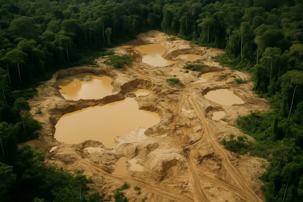 Illegale Goldmine mit schlammigen Gruben im Amazonas-Regenwald