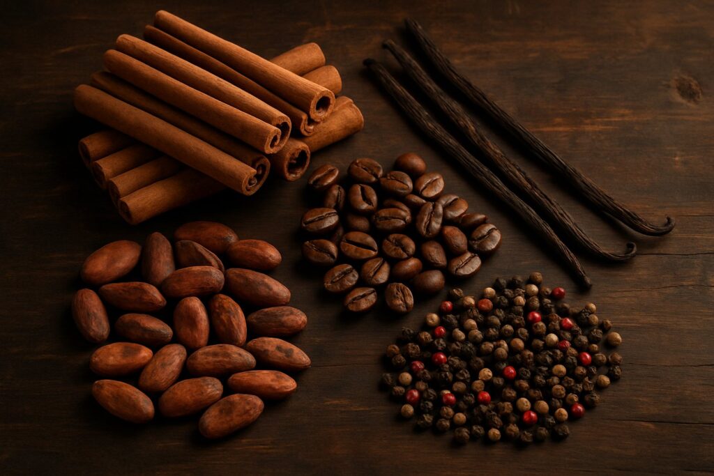 Tropische Gewürze: Zimtstangen, Vanille, Kakao- und Kaffeebohnen