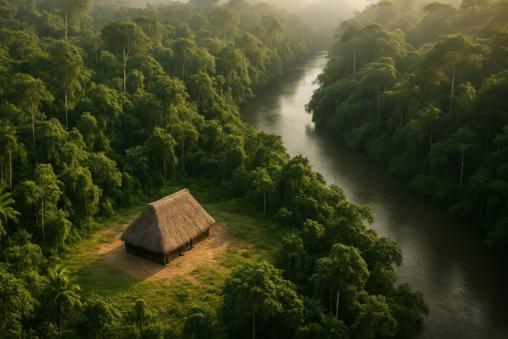 Traditionelles Gemeinschaftshaus in einer Lichtung im Amazonas-Regenwald