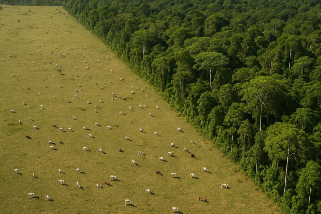Gerodete Rinderweide grenzt scharf an dichten Amazonas-Regenwald