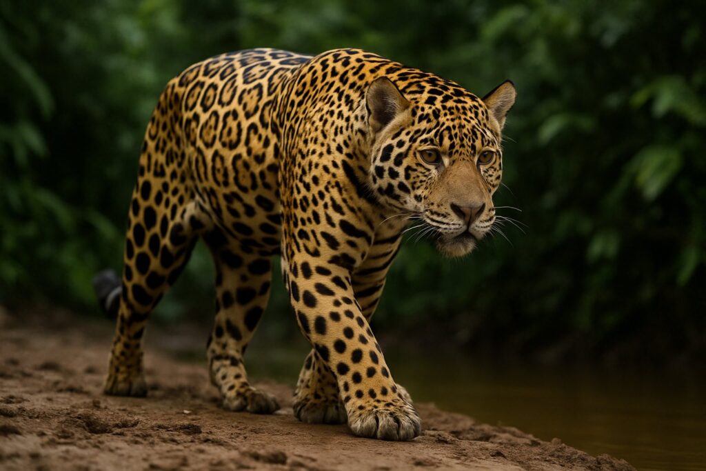 Jaguar (Panthera onca) am Flussufer im tropischen Regenwald