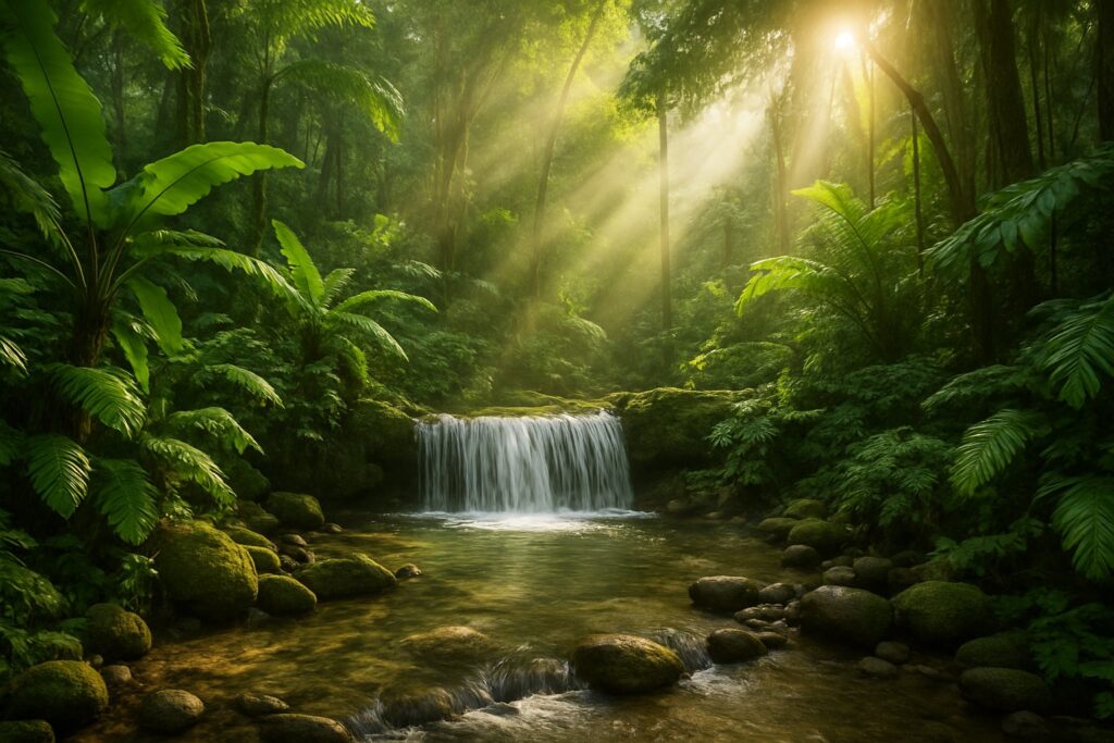 Einladender Regenwald mit kleinem Wasserfall und Sonnenstrahlen durch das Blätterdach