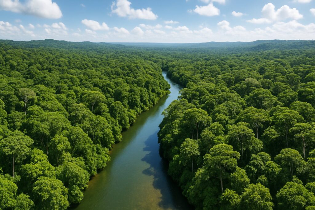 Geschütztes Regenwaldreservat mit Fluss und dichtem Kronendach