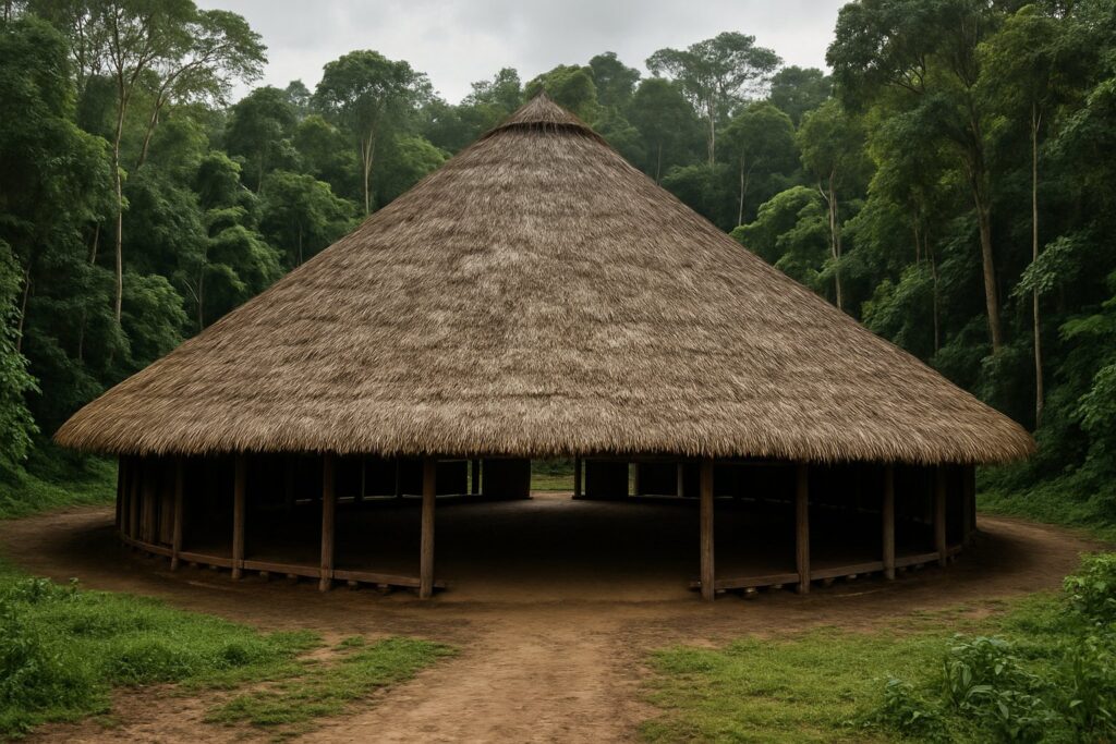 Großes ringförmiges Gemeinschaftshaus (Shabono) in einer Waldlichtung